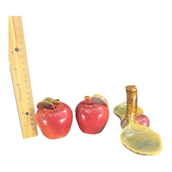 Whimsical Apple Fruit Salt And Pepper Shaker Set On Tree Stand Ceramic Set 2 - Picture 8 of 16